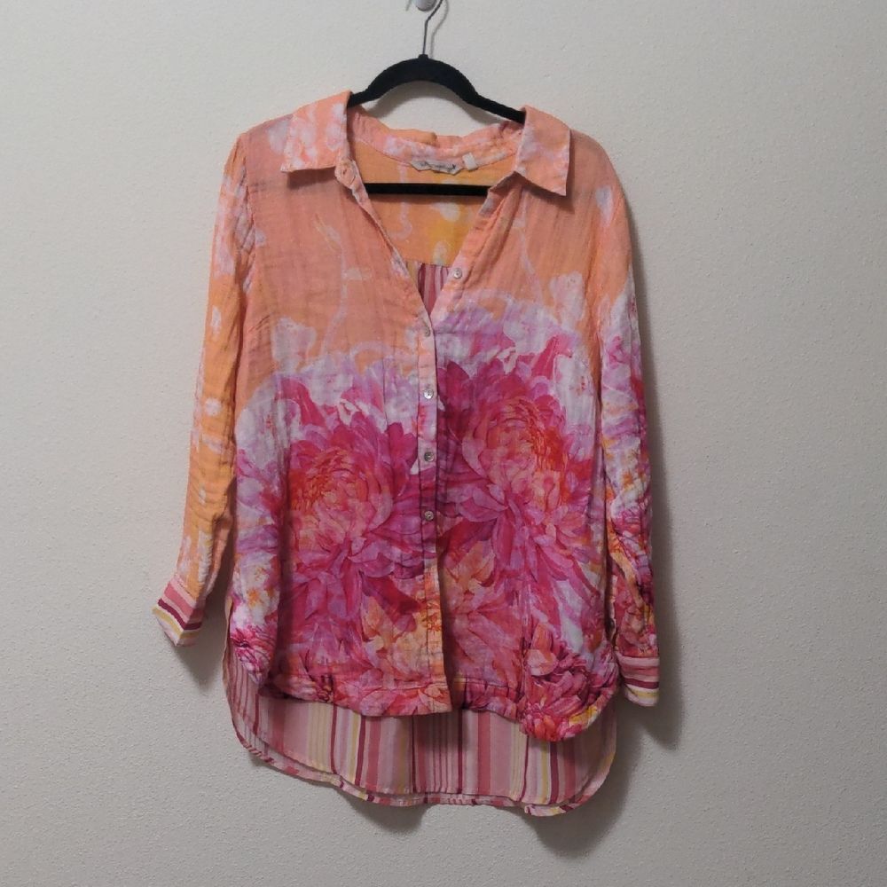 Soft Surroundings Pink and Orange Floral Button Down Shirt